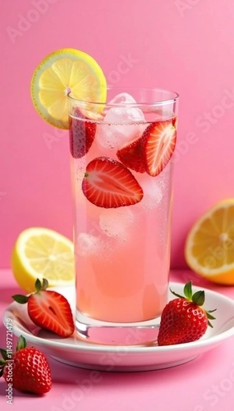 Fototapeta A glass of chilled pink lemonade with bubbles and strawberries in the center on a white plate with pink background, bubbly drink, refreshing drink