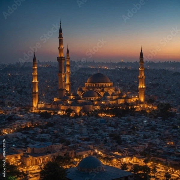 Fototapeta A cityscape at twilight, with a mosque, church, temple, and synagogue prominently lit up side by side.