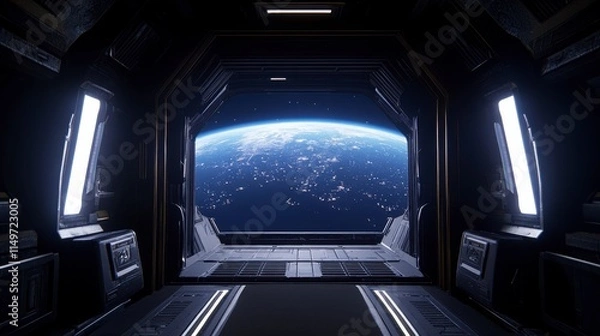 Fototapeta A luminous vision: the space station, a constellation of artificial stars, bathed in soft, ethereal light. Below, a breathtaking tapestry of earthly city lights