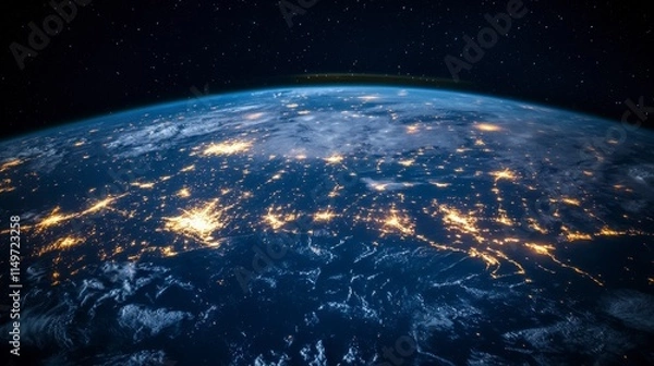 Fototapeta Earth's city lights shimmer below. 3D render. Sci-fi. Futuristic. Technology. Space exploration.