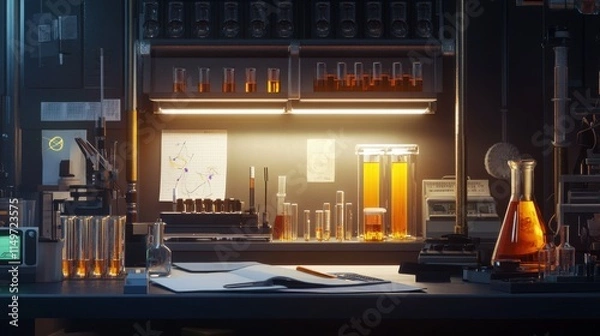 Fototapeta Scientific Research Lab. Test tubes and lab notebooks meticulously arranged on a clean work surface under bright illumination.