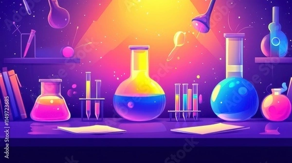 Fototapeta Modern Laboratory Interior. Test tubes, lab notebooks, and scientific equipment arranged on a pristine work surface under bright lights.