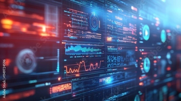 Obraz Futuristic Digital Interface Display with Complex Data Visualizations, Graphs, and Charts in High-Tech Environment for Science and Technology Concepts