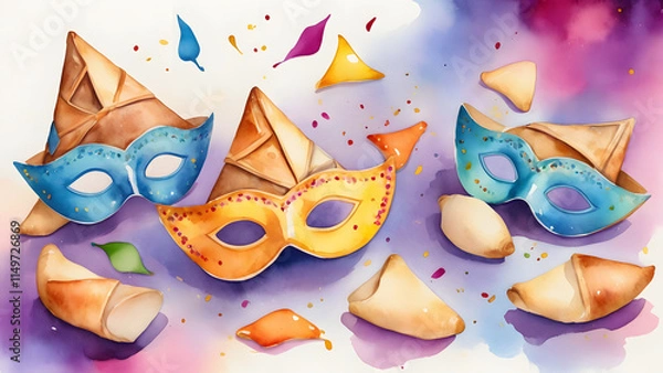 Obraz Festive watercolor Purim celebration background with colorful masks and traditional pastries