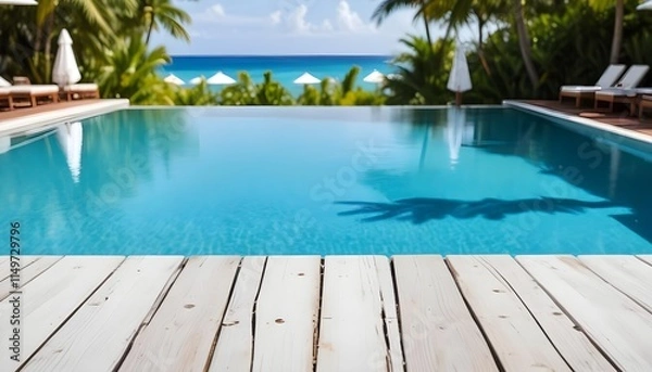 Fototapeta A vibrant view of a swimming pool with a clear blue water surface in the background. The foreground features a wooden countertop. In the distance, there are white umbrellas and palm trees , suggesting