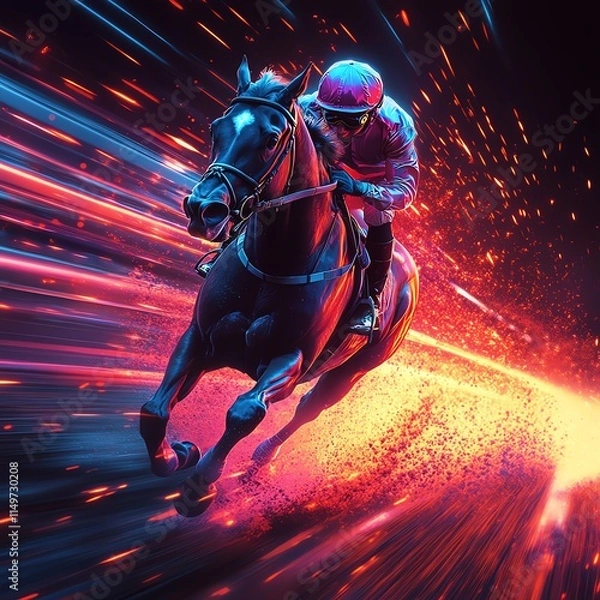 Fototapeta A dynamic depiction of a horse racing at high speed, with vibrant colors and motion effects enhancing the sense of energy and excitement.