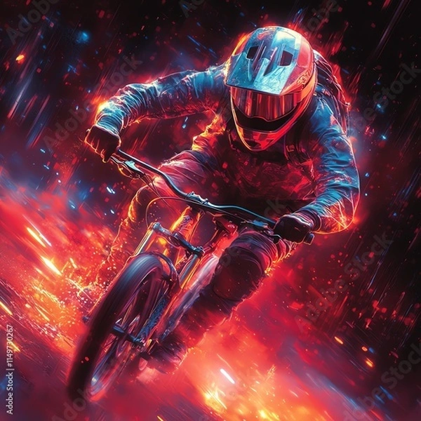 Fototapeta A dynamic cyclist speeds through a vibrant, futuristic landscape filled with intense colors and motion effects.