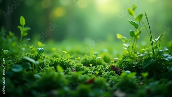 Fototapeta New life and growth in green moss bathed in sunlight. Perfect for background nature, environmental, spring, or rebirth-themed projects