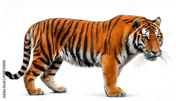 Obraz A tiger in full growth and isolated on white, showcasing strength and beauty, powerful wild animal in full display