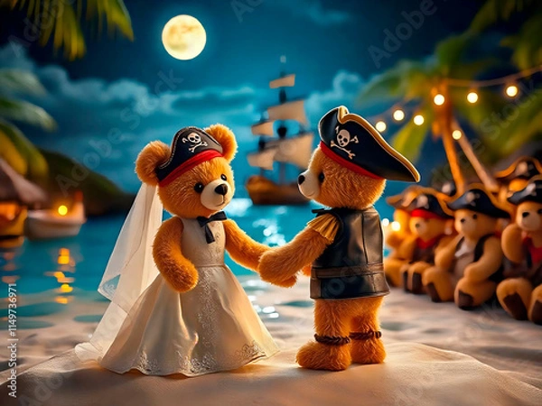 Fototapeta A fictional illustration of the wedding of a pair of toy bears dressed as pirates. Valentine's Day Greeting Card