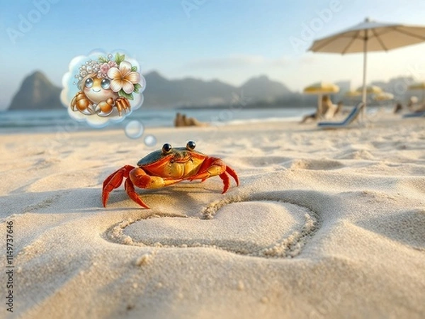 Fototapeta A fictional illustration of a crab in love on the beach. A Valentine's Day card. Blurred background