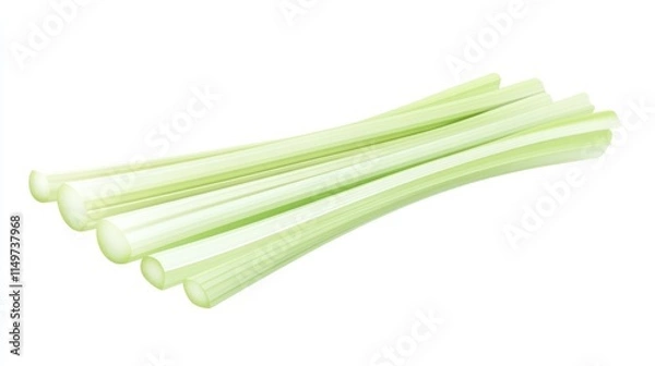 Fototapeta Five pale green stalks of celery, isolated on a white background.