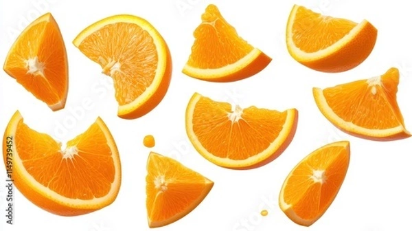 Obraz Juicy Orange Slices Falling on White Background.