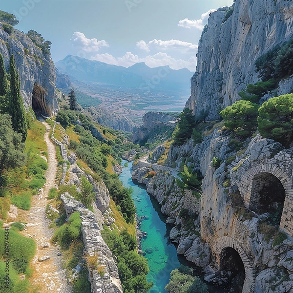 Obraz Breathtaking natural rock formation with a unique archway revealing a stunning landscape, generated AI