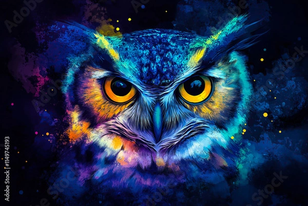 Obraz A vibrant watercolor painting of a colorful owl with expressive eyes. The concept of creativity, wisdom, and the beauty of nature interpreted through artistic expression. Generative AI.