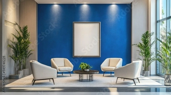 Fototapeta Bright and modern room with a textured blue wall, inviting armchairs, and a coffee table, featuring an empty frame for mockups.