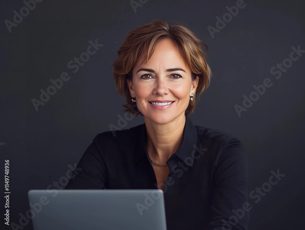 Fototapeta Portrait d'une femme expérimentée au bureau : travailleuse de 40 à 60 ans sur fond sombre assise devant un ordinateur portable, entrepreneuse, cadre de direction, carrière et ambition