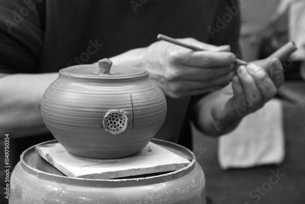 Fototapeta A potter adds fine details to a clay teapot "kyusu", crafting a strainer by hand. This careful work highlights Japan’s mastery of functional yet elegant pottery techniques. Black and white image.