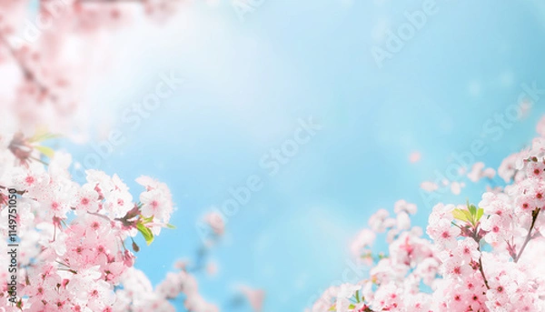 Obraz Branches of blossoming cherry macro with soft focus on gentle light blue sky background in sunlight with copy space. Beautiful floral image of spring nature.