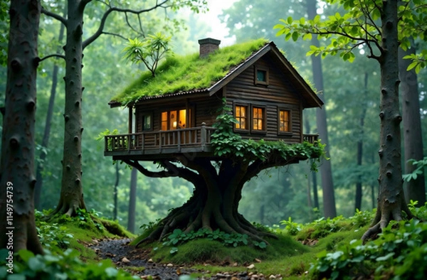 Fototapeta A wooden house that grows on a tree, the roof is covered with grass and a tree grows, ivy winds along the wall surrounded by forest. The concept of ecology, clean air, forest conservation