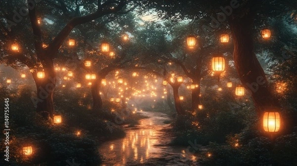 Fototapeta Enchanted forest path, glowing lanterns, tranquil stream.