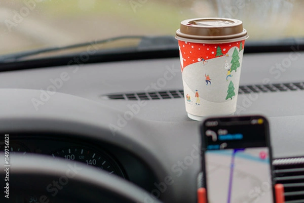 Fototapeta Background with paper coffee cup and car interior with phone navigation
