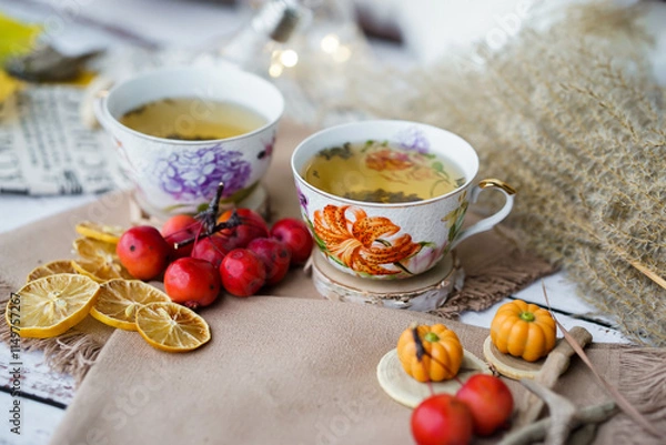 Obraz Cozy autumn vibes with herbal tea, dried citrus slices, and seasonal decor – a perfect setting for relaxation and warmth.