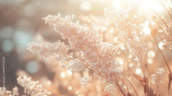 Fototapeta Soft Bokeh Background with Delicate Wildflowers Bathed in Warm Golden Light at Sunset Creating a Dreamy and Ethereal Atmosphere for Nature Lovers