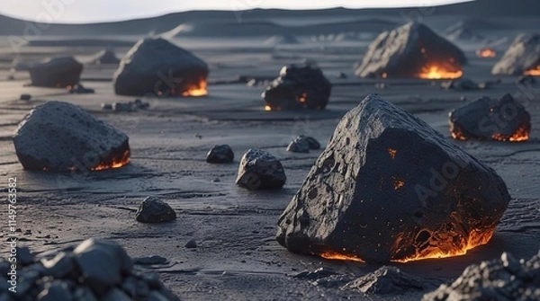 Fototapeta A collection of volcanic rocks scattered across a barren landscape, varying in size and shape, with rough, porous surfaces, subtle earthy tones,generative ai