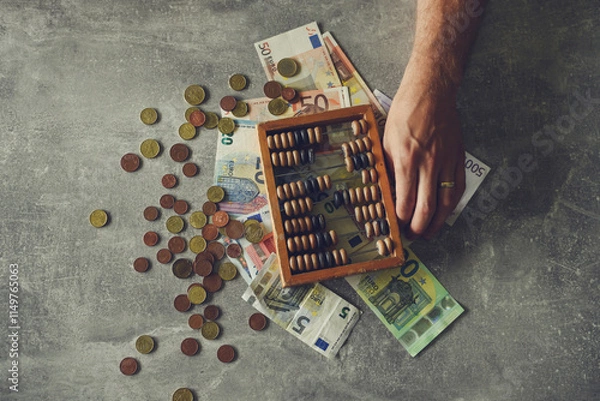Obraz Man counting money on gray table with abacus and euro banknotes