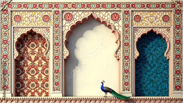 Fototapeta Invitation design featuring middle eastern seamless pattern and Mughal arch with peacock illustration