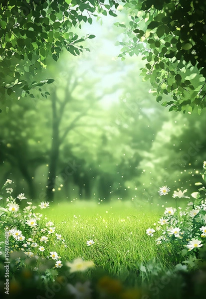 Fototapeta Enchanted Forest Glade in Morning Light green leaves in the forest

