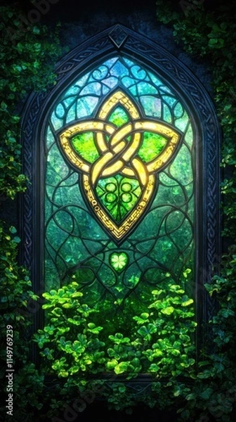 Fototapeta Colorful celtic-themed stained glass with lush greenery surrounding an intricate knot . Happy St. Patrick's Day. Saint Patrick