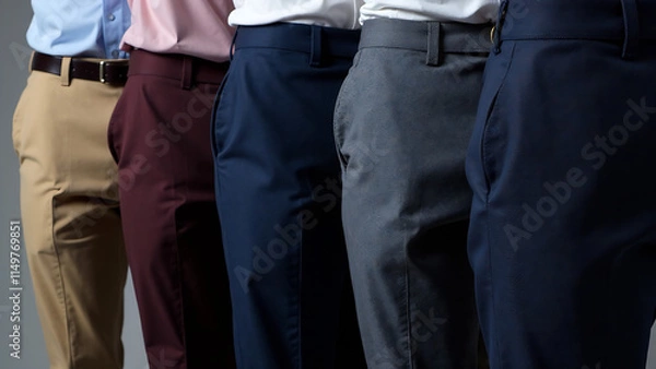 Fototapeta Four pairs of mens dress pants neatly lined up, showcasing various colors and styles