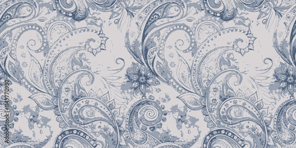 Fototapeta Elegant blue paisley pattern with floral accents on a soft background.