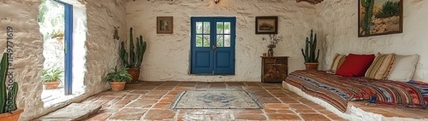 Obraz Desert-Inspired Living Space with Adobe Charm: Terracotta Floors and Cactus Planters
