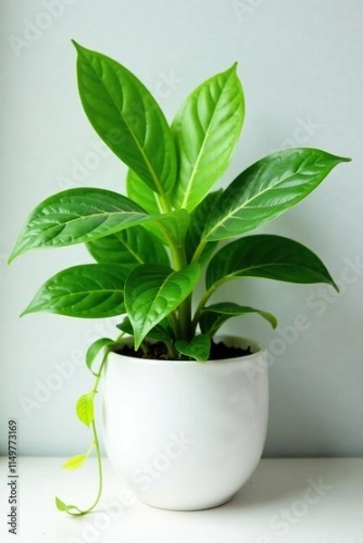 Fototapeta Aglaonema plant in white pot with lush green leaves and trailing vines, botany, indoor plants