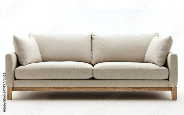 Fototapeta Clean modern sofa in a well-lit room with neutral tones, light wood accents, and soft cushions