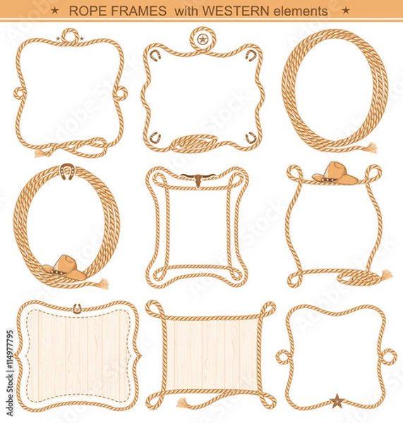 Fototapeta Rope frames background for text with cowboy elements isolated