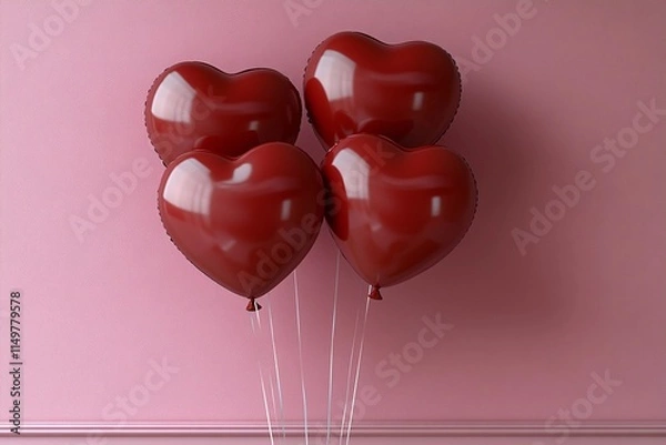 Fototapeta Heart-shaped balloons in red on a soft pink background for celebration. Generative AI