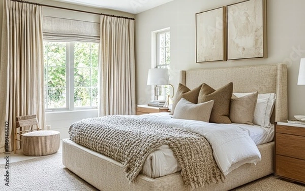 Fototapeta Scandinavian-inspired bedroom with clean lines, soft textures, and a neutral color palette