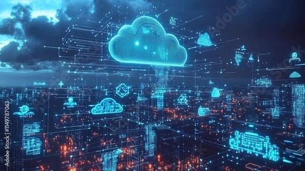 Fototapeta A futuristic city powered entirely by AI and cloud computing, with glowing holograms and robots everywhere, cyber-futuristic style