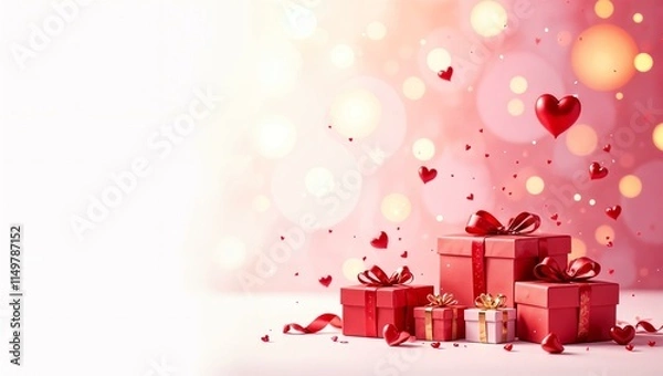 Fototapeta Gift boxes of different sizes, Valentine's Day, February 14, white and pink background, floating hearts, golden glow, horizontal banner, post card.