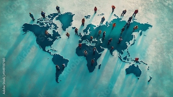 Fototapeta A representation of a world map showcasing economic opportunities and challenges, with people analyzing it together. The global collaboration and teamwork in financial trends and strategies