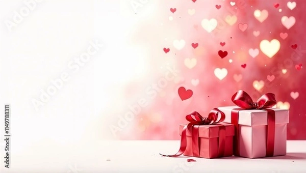Fototapeta Gift boxes of different sizes, Valentine's Day, February 14, white and pink background, floating hearts, golden glow, horizontal banner, post card.