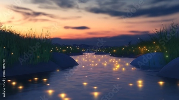 Obraz A tranquil landscape featuring a glowing river, softly reflecting surrounding lights in a serene ambiance