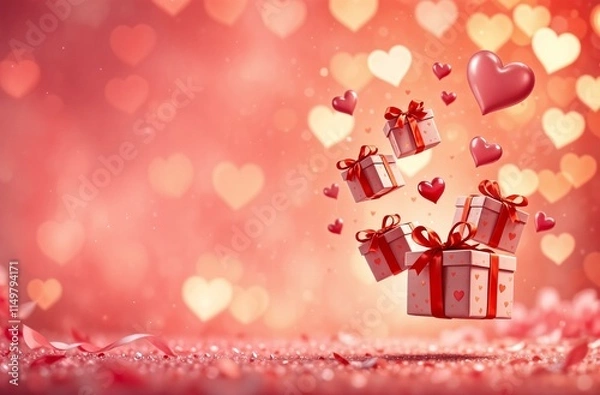 Fototapeta Gift boxes of different sizes, hovering on the air, Valentine's Day, February 14, red and pink background, floating hearts, golden shimmer, horizontal banner, post card.