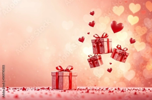 Fototapeta Gift boxes of different sizes, hovering on the air, Valentine's Day, February 14, red and pink background, floating hearts, golden shimmer, horizontal banner, post card.