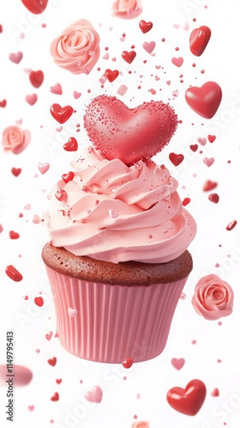 Fototapeta Delicious cupcake topped with pink frosting and heart decorations, perfect for celebrations