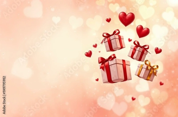 Fototapeta Gift boxes of different sizes, hovering on the air, Valentine's Day, February 14, red and pink background, floating hearts, golden shimmer, horizontal banner, post card.